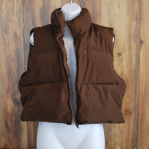 katch me Jackets & Blazers - Katch Me Women's Brown Full Zip Puffer Cropped Vest Jacket XL
